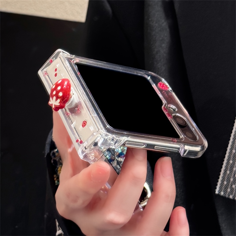 phone case korean ins cute strawberry cherry bow clear phone case with luxury bling crystal beaded bracelet for for galaxy z flip 6 5 4 3 summer fruit   folding protect back cover