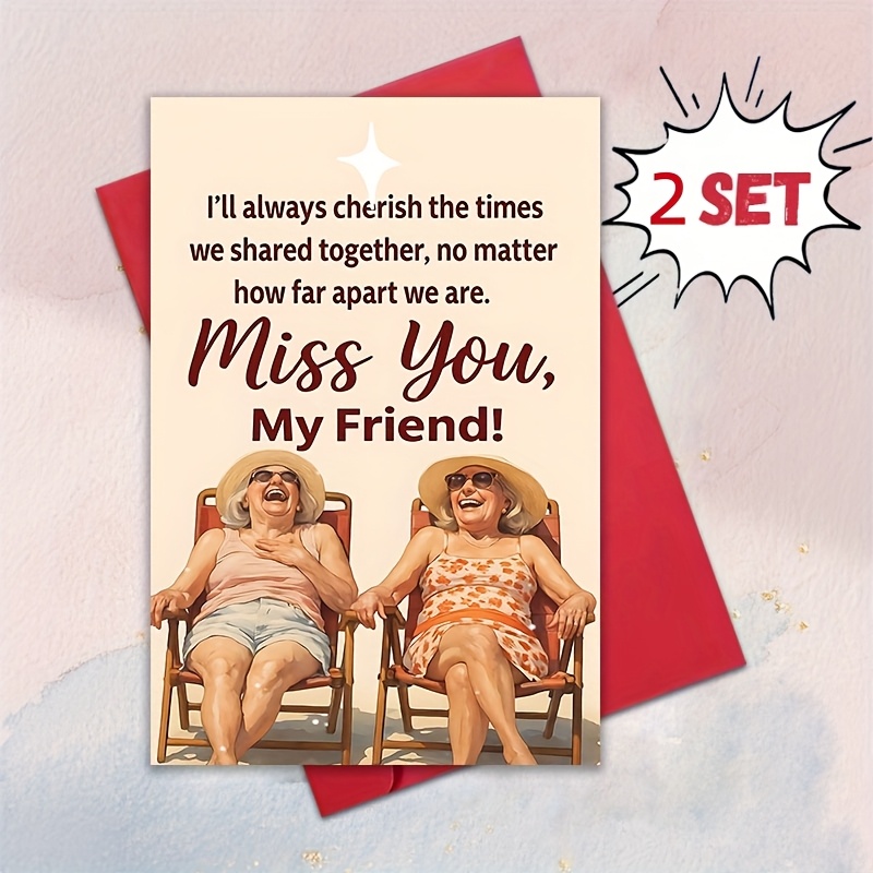 TEMU 4pcs (2 Greeting Cards + 2 Envelopes) Elegant Friendship Card Envelope - Girlfriend's Birthday, Thanksgiving, Farewell - Beige & Red Accents -