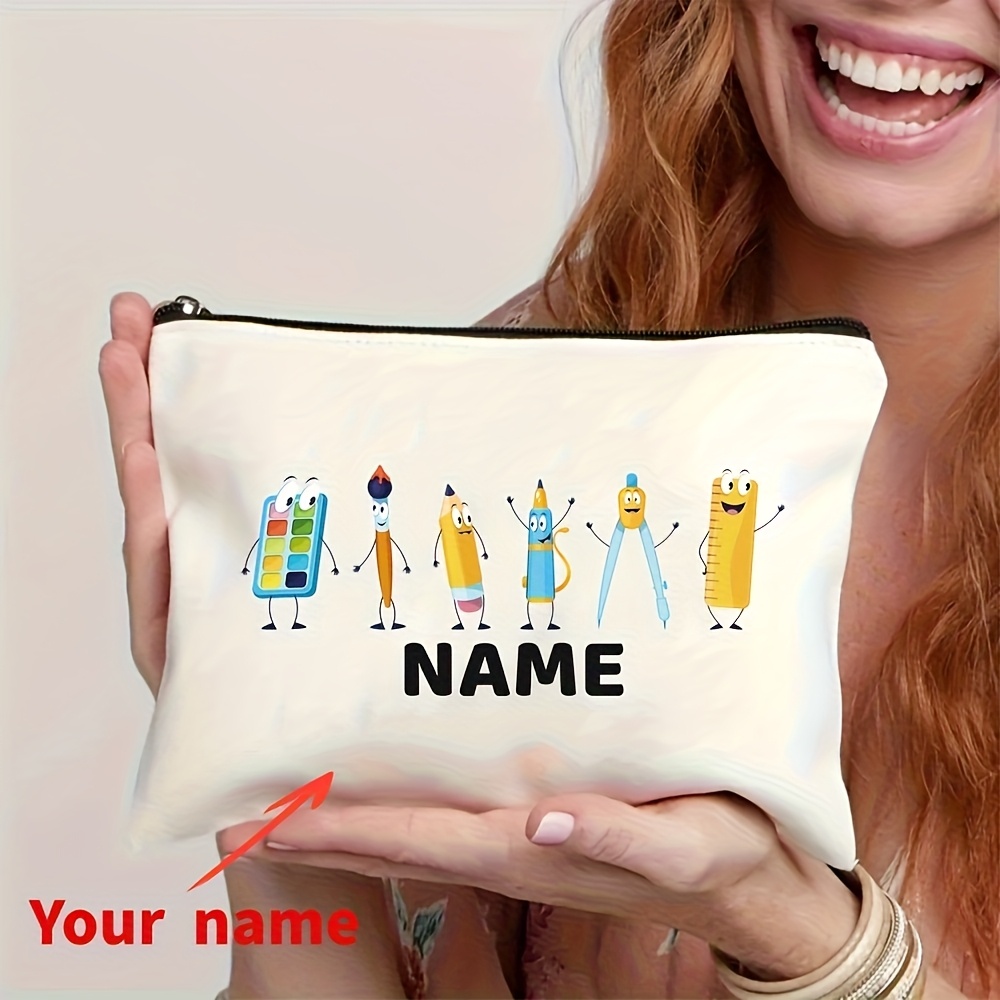 TEMU Personalized Name Pencil Case - Large Capacity Zippered Makeup Bag, Vibrant Cartoon , Durable Polyester Fiber Travel Cosmetic Organizer, Ideal