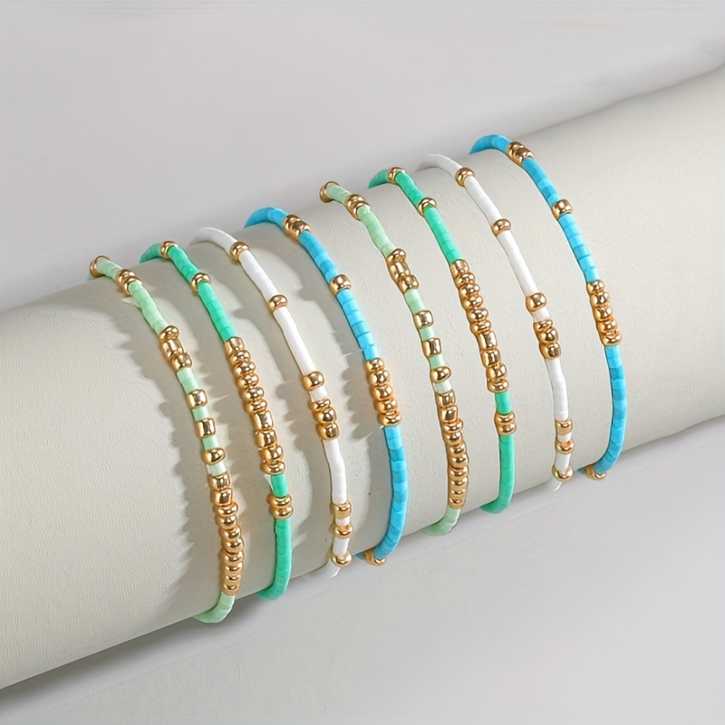 TEMU 8pcs Bohemian Stackable Turquoise Metallic Bead Bracelet Set Vintage Ethnic Rice Beads Elastic Bracelets Colors Beaded Wristband Vacation Travel