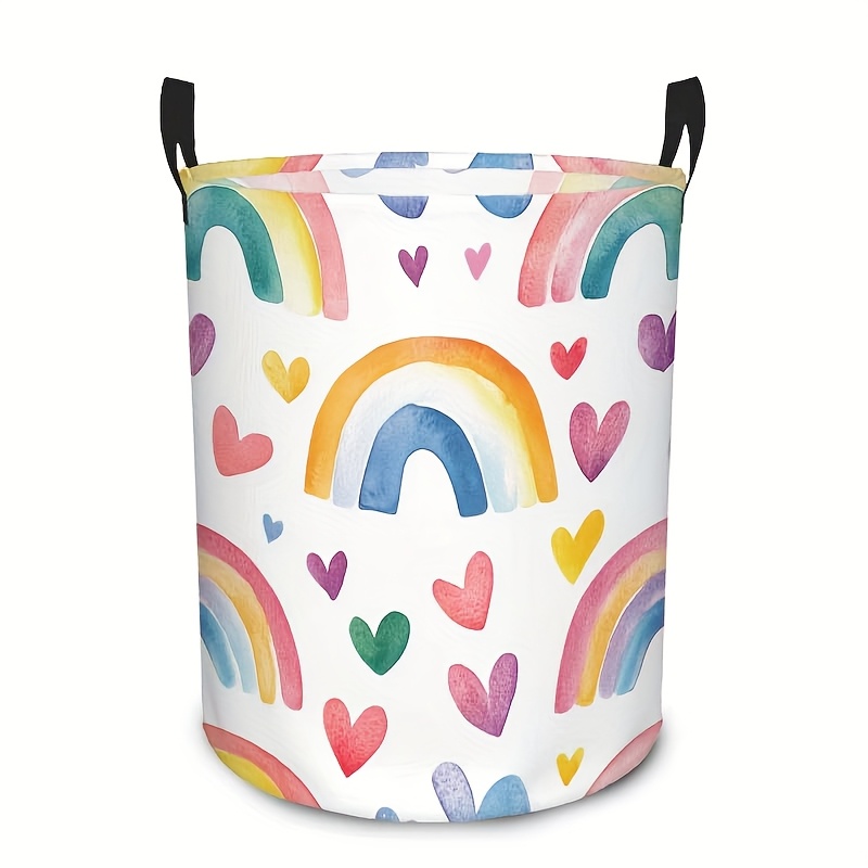 1pc Rainbow & Hearts Design S Laundry Basket - with Sturdy Handles, Country Style Organizer for Bedroom, Bathroom, Laundry Room Accessories, Bedroom Organizer