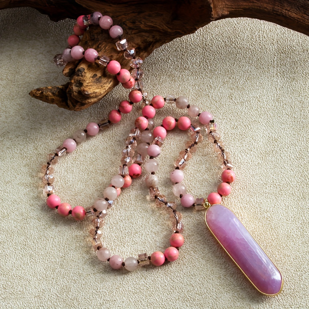 

Natural Stone And Glass Beaded Knot Necklace With Agate Pendant - No , Handcrafted, Summer Collection And Gift- On Thanksgiving Day