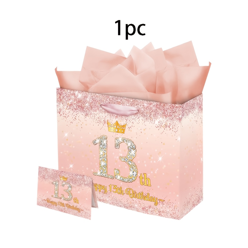 TEMU 1pc/2pcs/5pcs, Large Rose 13th Birthday Gift Bags, 13th Birthday Paper Bags With Handles, Tissue Paper And Greeting Card, Princess Crown Party