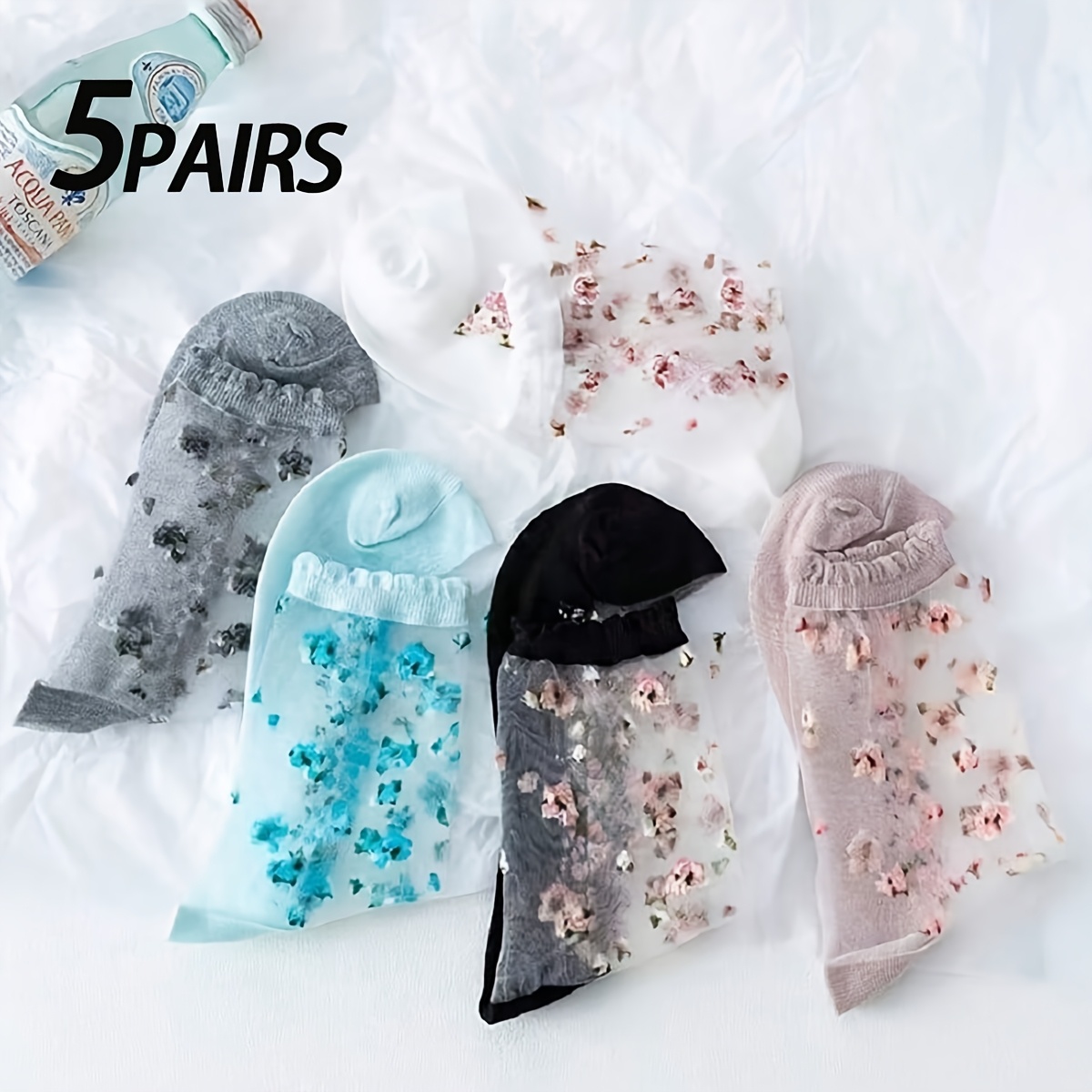 TEMU 5 Pairs ' Mid-calf Socks Spring Glass Floral Elegant Cute Sexy Comfortable Breathable Moisture-wicking