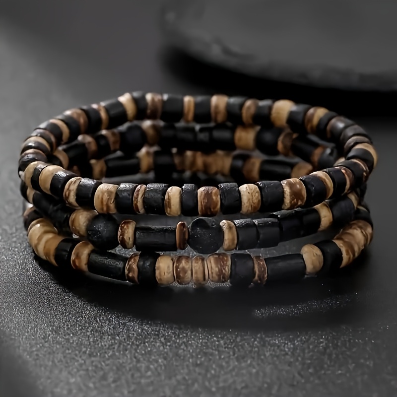 3pcs Ethnic Retro Wooden Bead Bracelet Set For Men And Women, Handmade Stretch Cord Stackable Jewelry