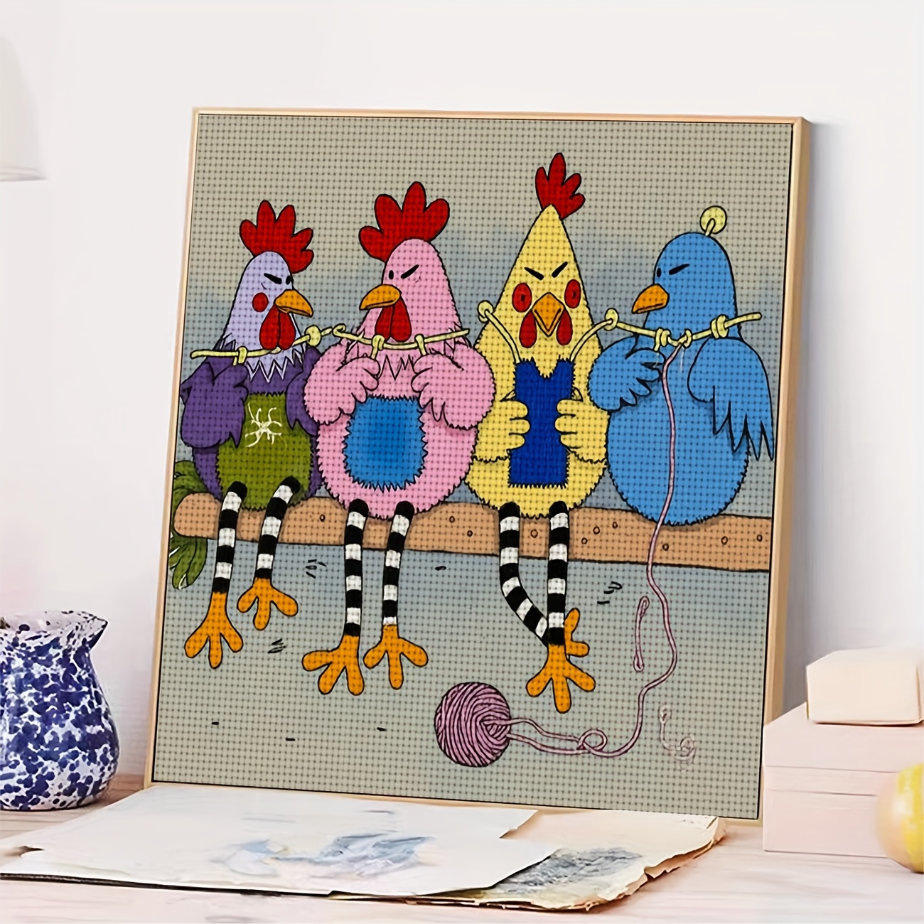 Printed DIY Cross-Stitch Kit, "Four Chickens Knitting Sweaters"