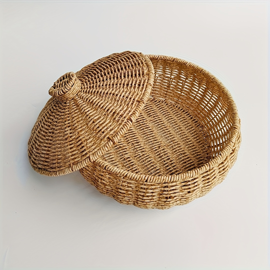 Handwoven Storage Basket with Lid - Large Boho Desktop Organizer Bin for Bedroom, Closet And Makeup Jewelry Storage, Woven Decorative Box, Shelf Baskets