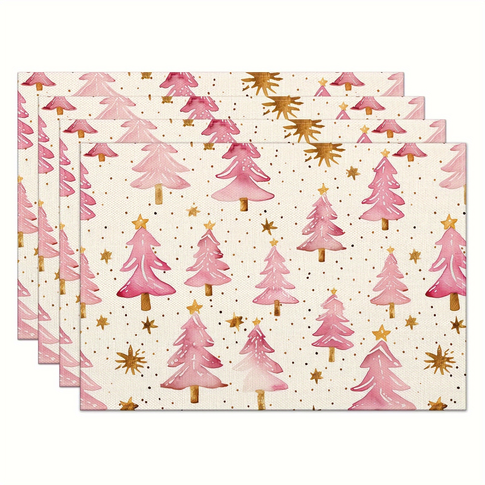 

4-piece Linen Christmas Placemats - 12x18 Woven Heat-resistant Rectangular Table Mats, Machine Washable, Pink Merry Christmas Trees Design For Winter Dining & Xmas Holiday Decor