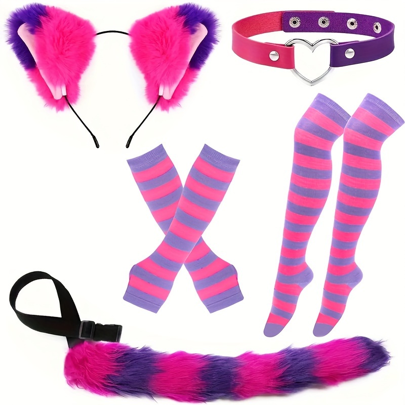 Image of A Festive Costume Set Featuring Pink And Purple Striped Cat Attire, Perfect For Role-playing. It Includes A Cat Ear Headband, A , A Collar, Striped Gloves, And Socks