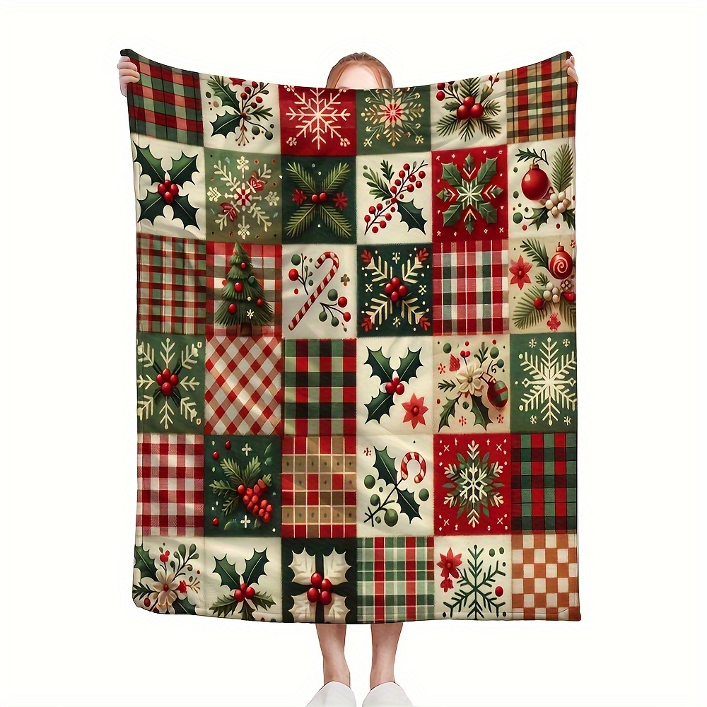 

1pc Traditional Christmas Patchwork Fleece Blanket - Decor, Red & , & , , Tear-, Washable, , , Quilted, - For & Bedroom