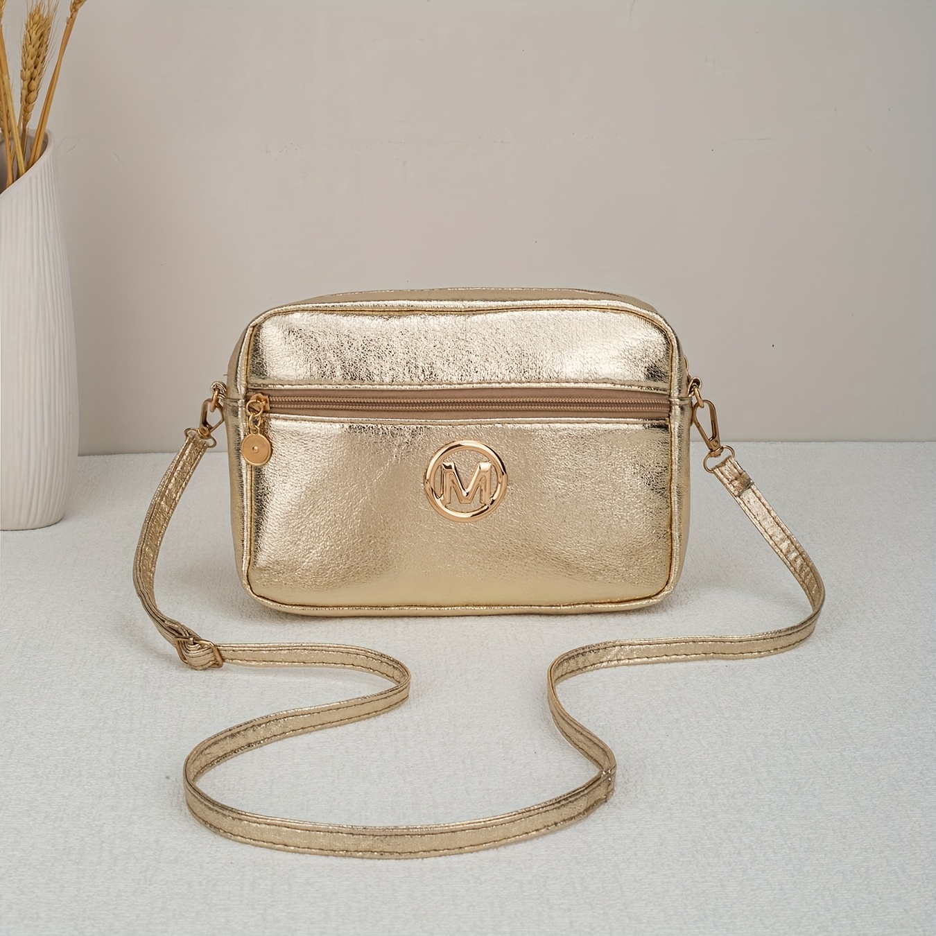 Women's Golden-tone Metallic Shoulder Bag - Shiny M-label Hardware, Adjustable Strap & Top Zipper Closure, Large Capacity Designer-like Handbag For, Travel, Everyday Use - Durable Purse (golden)