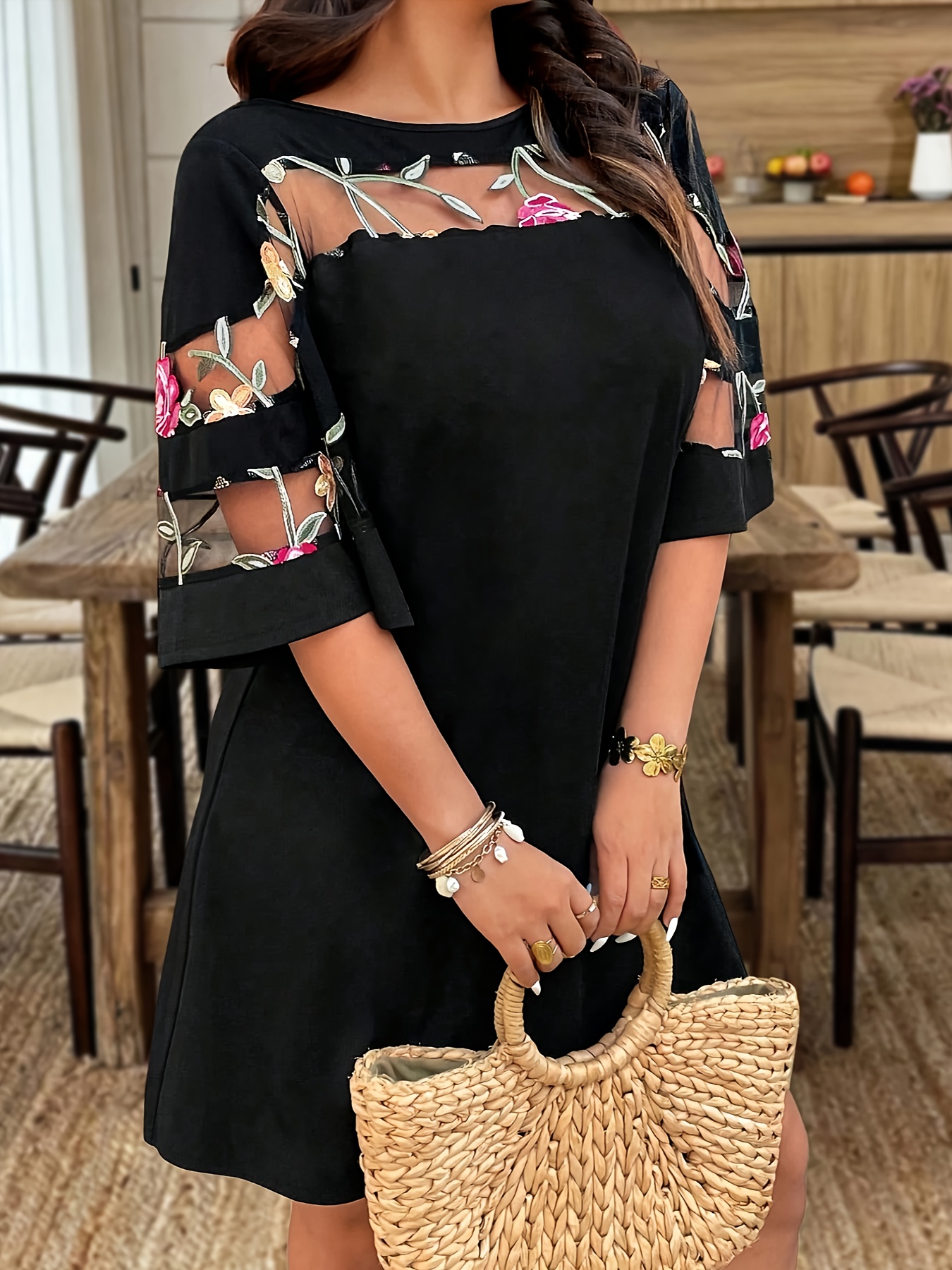 plus size with asymmetric chiffon cape sleeves - sheer , round neck,  stretchy & casual for spring/summer women's fashion, casual summer dress |  chic bodycon dress | sheer chiffon detail - women' clothing - Temu