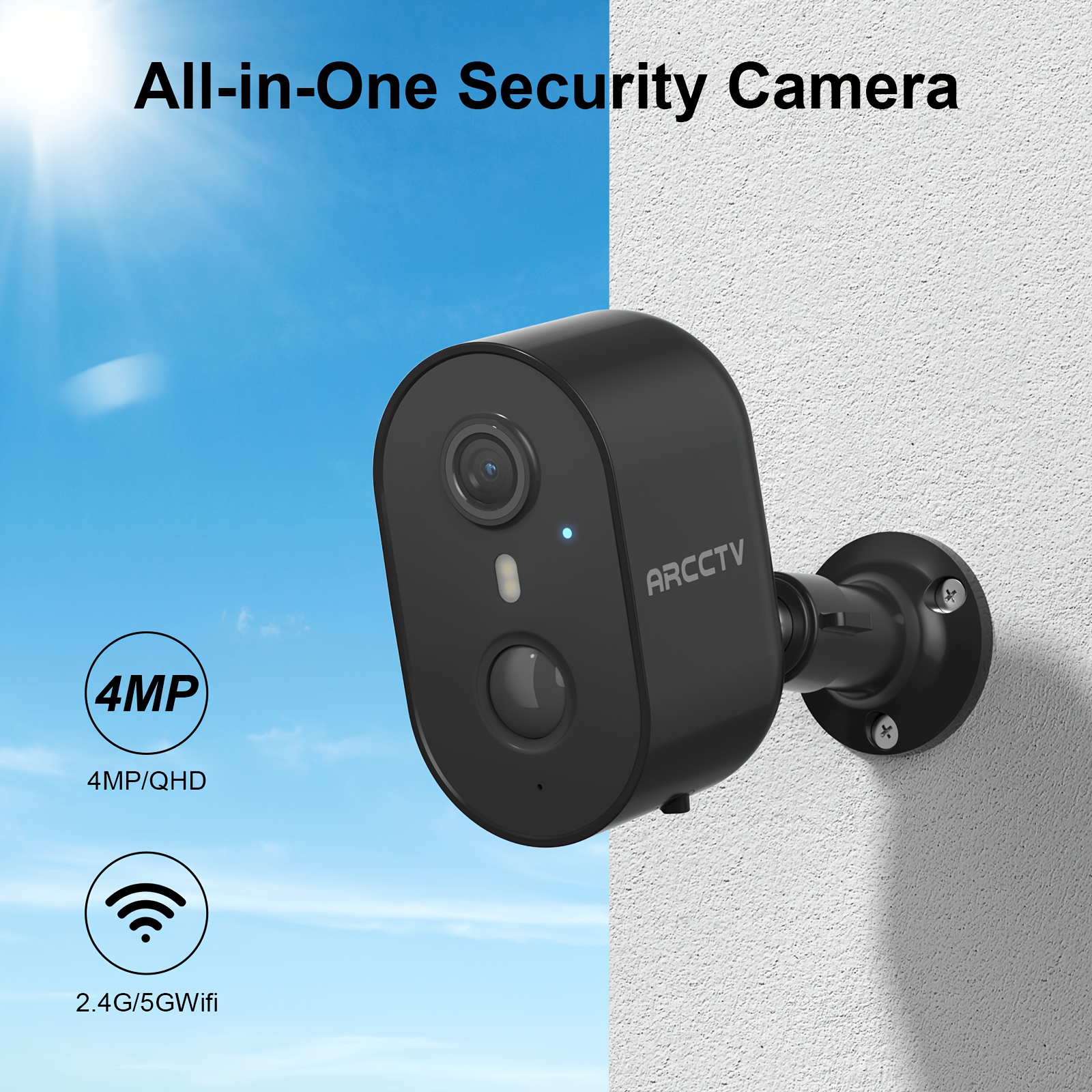 TEMU Caméra de sécurité solaire 4MP 2K extérieure fil, Wifi 5G/2.4G, vision couleur, détection de mouvement PIR avec sirène, audio bidirectionnel,