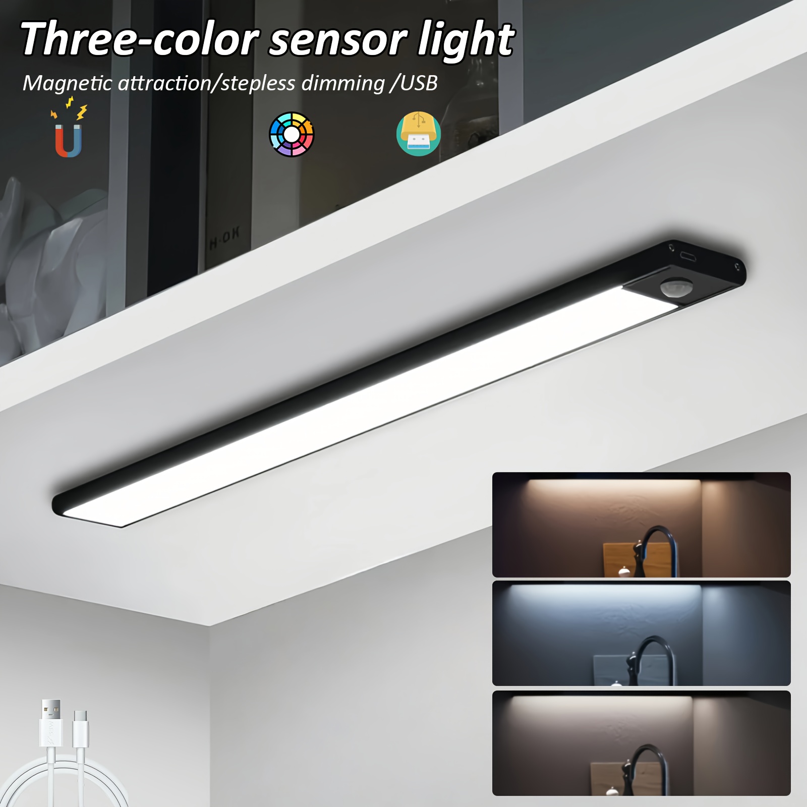 E-shop Schwarze Smart Sensor Leuchte, Drei-Farbtemperatur-Einstellung für sanftes Licht, empfindlicher Bewegungssensor, USB-Aufladung ohne Bohren für