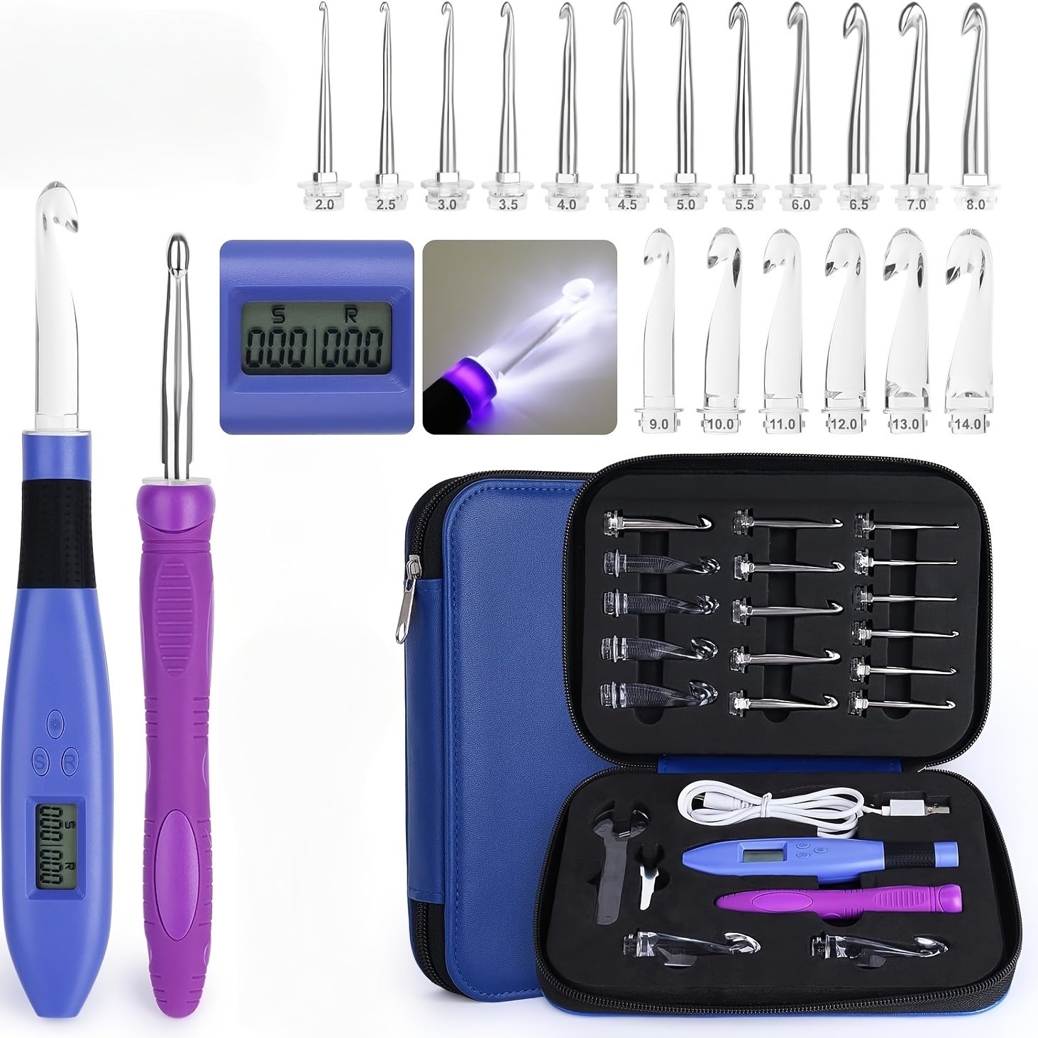 Zcvtbye Light Up Crochet Hooks Set With Automatic Stitch & Row Counter, 18 Sizes Led Illuminated Crochet Needles Kit With Storage Case - Lighted Hooks For Low-light Crocheting, Easy Counting