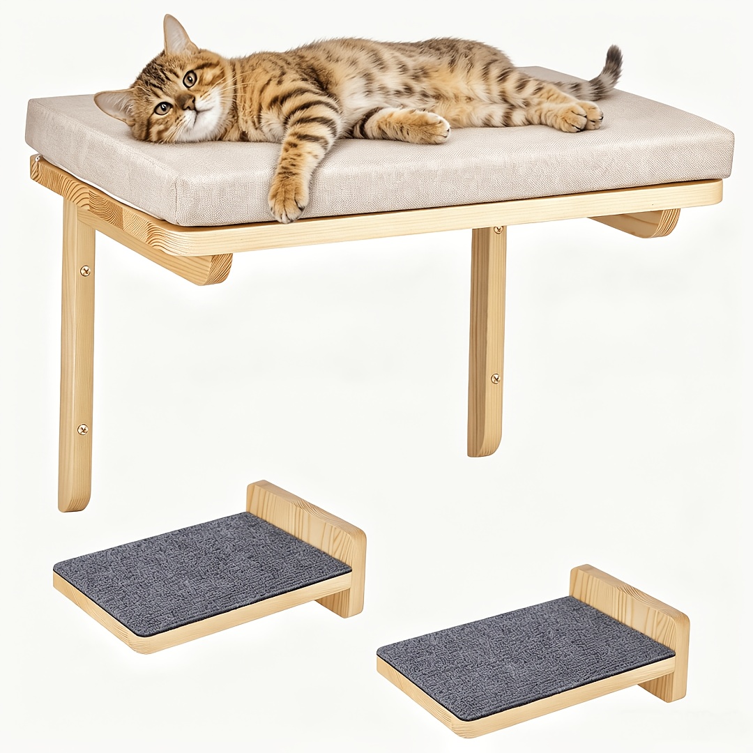 E-shop 3-tlg. Kletterwand für Katzen aus Kiefernholz mit Kratzpfosten, gepolsterten Plattformen & mehrstufigem Kratzbaum - Wandmontiert, platzsparend,