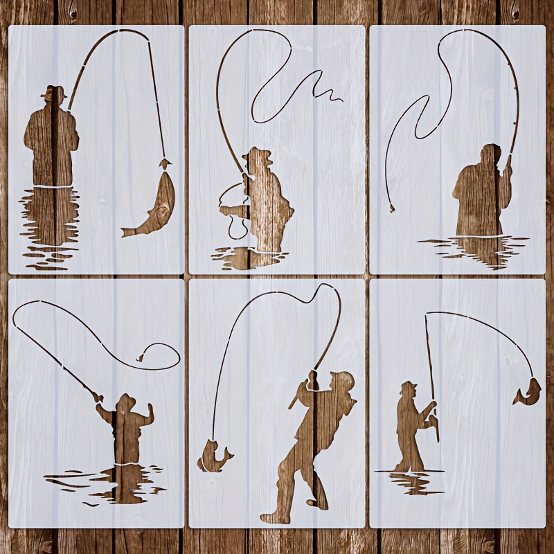 

Fishing Themed Stencil Set, 6-piece, A4 Size Reusable Painting Templates Featuring Fishermen And Fish, Diy Craft Stencils For Fabric, Canvas, Wood, Decor