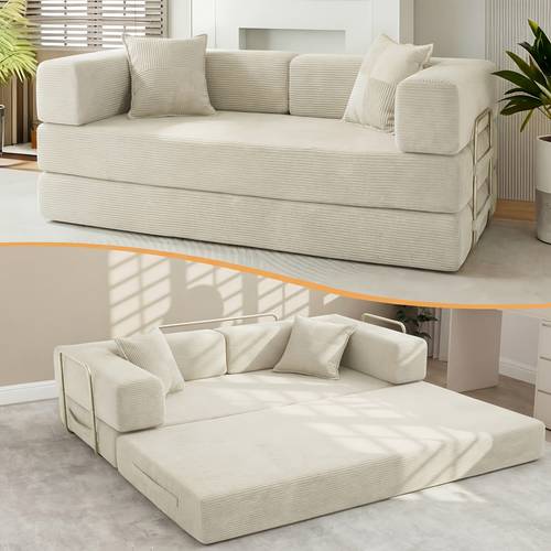 Convertible Sofa Bed for Adults, Corduroy 3-Seater Folding Couch, Floor Lounge with Pillows, Compact Sleeper for Apartment Home Office Dorm, Green, Grey, Orange, White