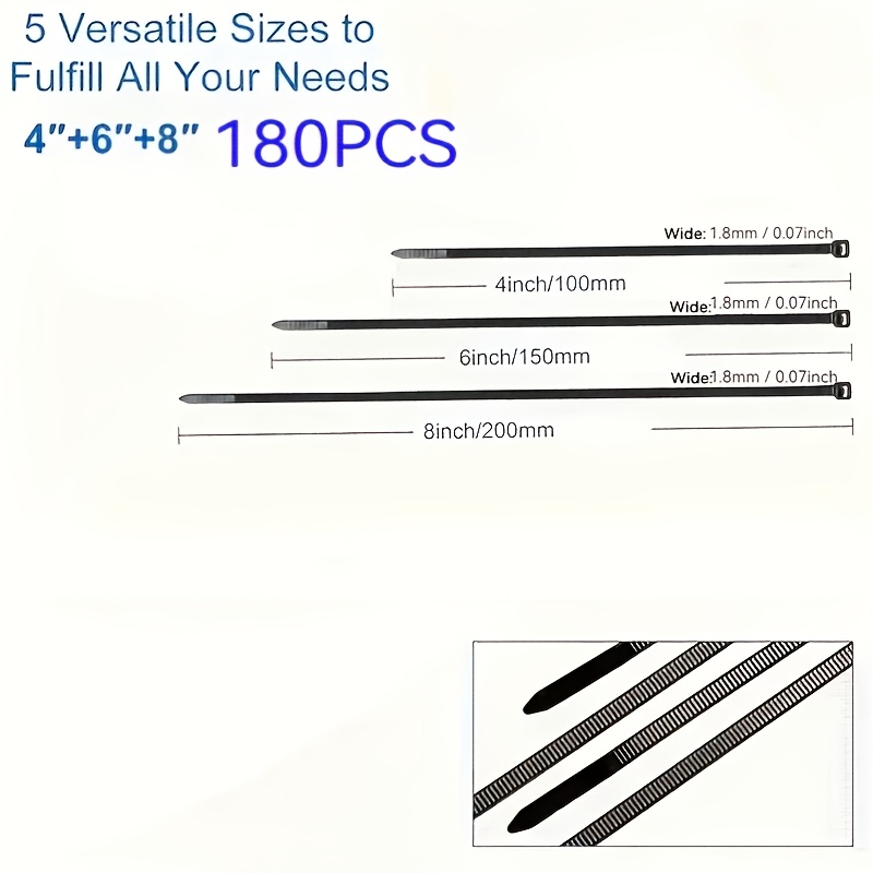 Image of 180 Self-locking Ties -200/150/100mm Multiple Sizes-suitable For Cable Management In Homes, Offices, Gardens And , Self-locking Tie Packaging Suitable For Indoor And Outdoor Use