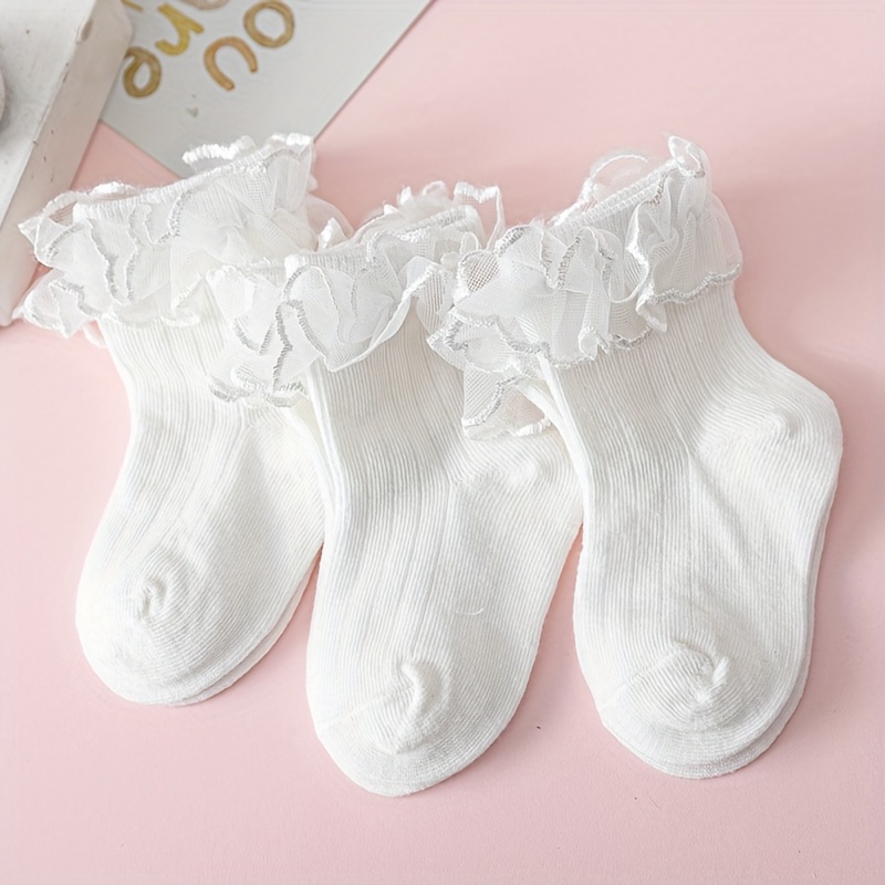 Image of 3 Pairs Girls' Socks For Spring And Summer, Lace Princess Socks, Mesh Breathable Socks