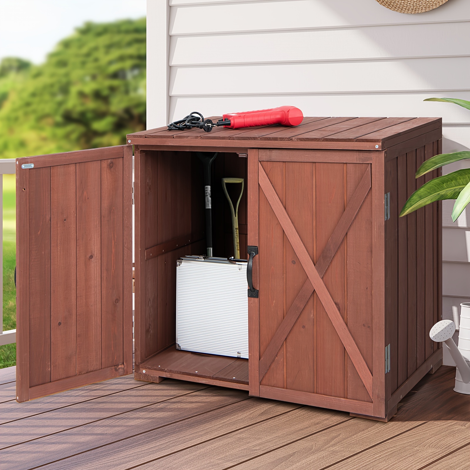 Wooden Garden Shed 3-tier Patio Storage Cabinet Outdoor Organizer Wooden Lockers with Fir Wood - Gray