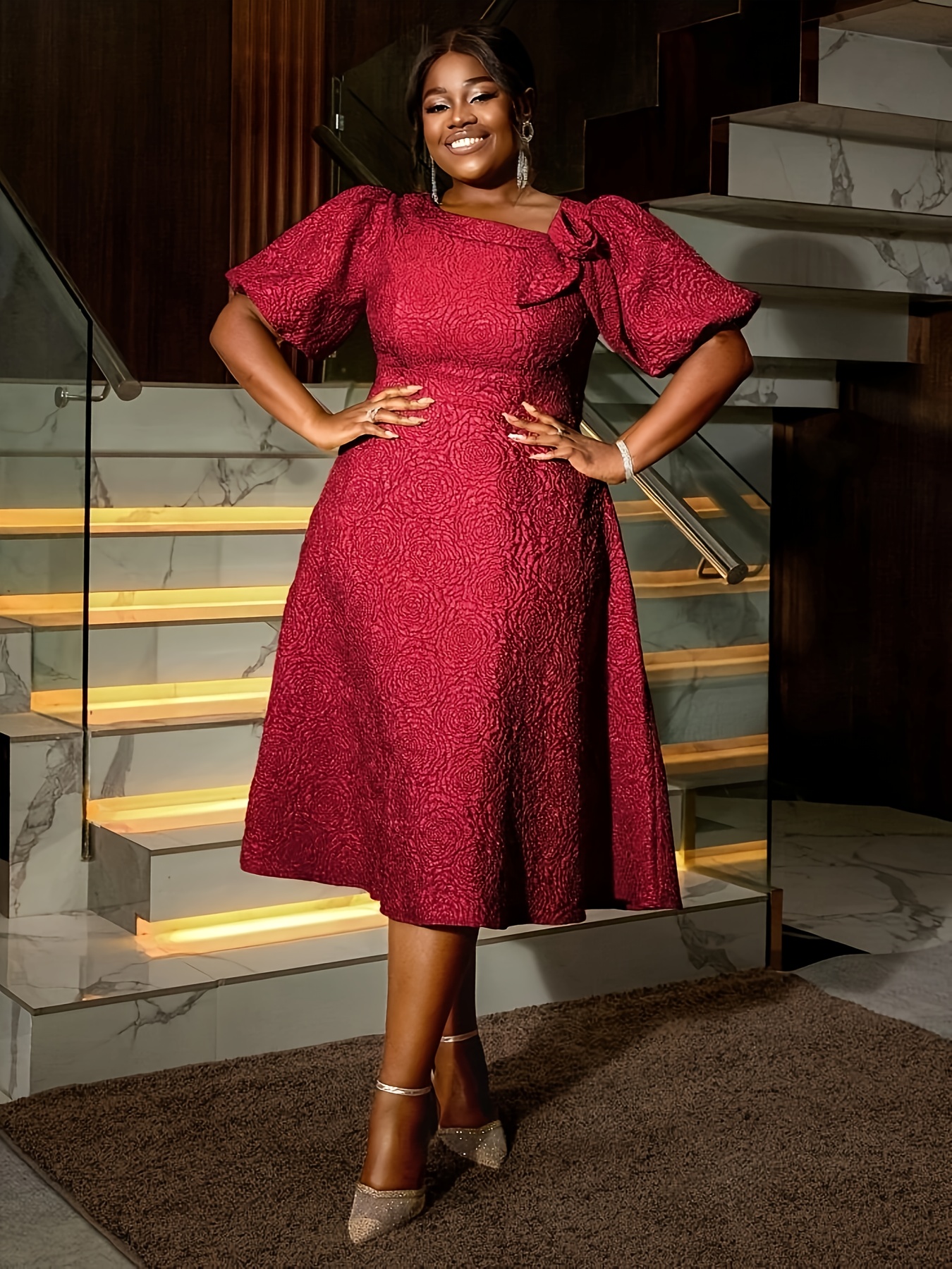 Plus Size, Women's Plus Size Rose Jacquard Flared Sleeve A-Line Skirt  Dress, Elegant Semi-Formal Design Suitable for Commuting, Birthday Parties, 