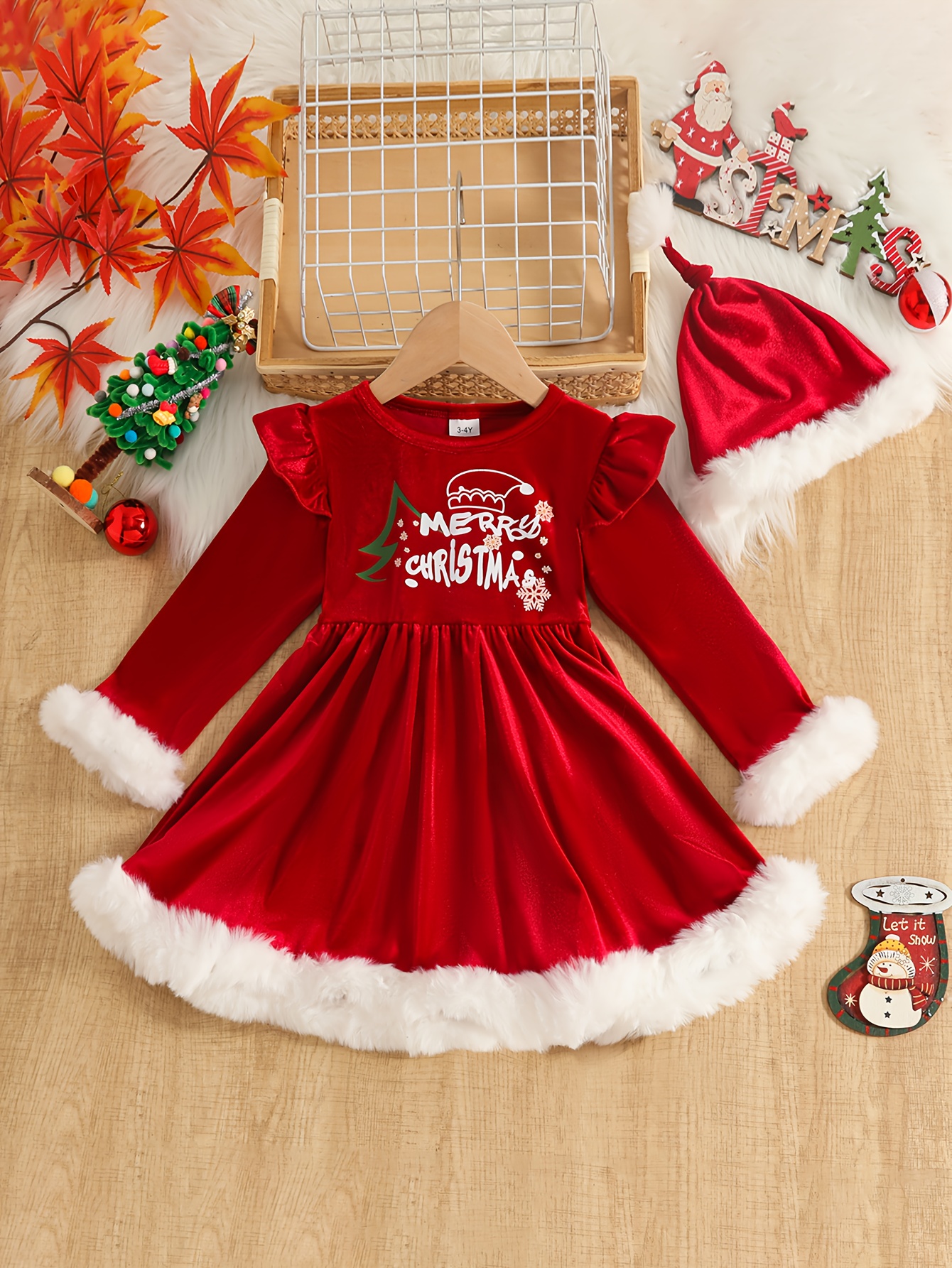 Meisjes Kerstjurk met Kerstmuts & "Merry Christmas" Print - Rekbare Fluweel Lange Mouw Knie-lengte Uitlopende Rok, Rood-Witte Feestoutfit