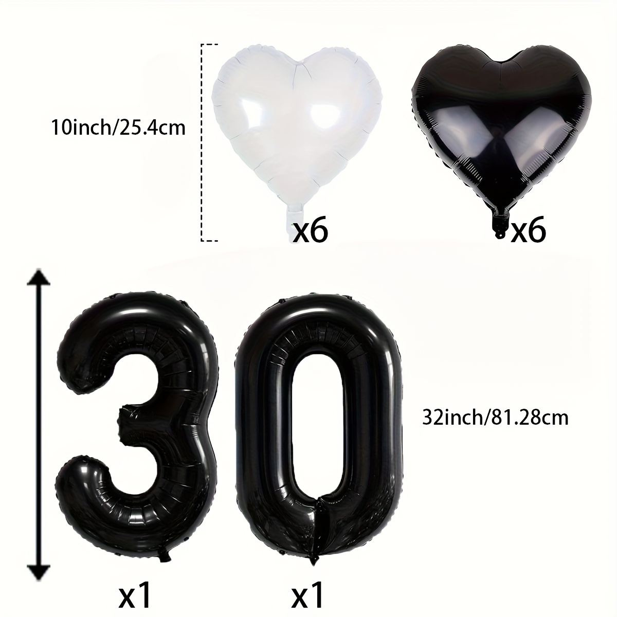 Image of Large 32" 30 Balloon With 10" Black & White Heart Balloons - 30th Birthday, Wedding, Graduation Party Decorations - Balloons For 30 Years Celebration For