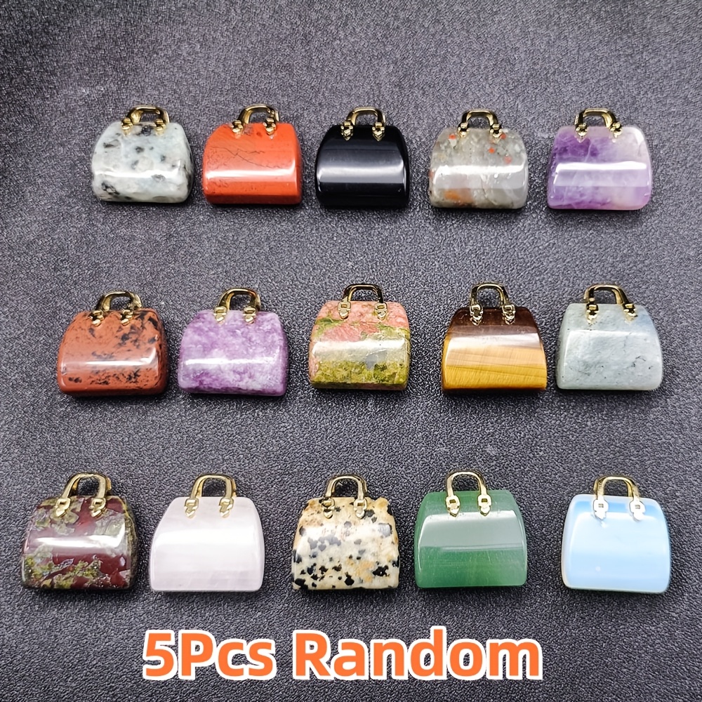 TEMU 5pcs Random Colors Mini Handbag Natural Stone Charms Set - Fashion Pendants, Unique Shaped Designed For Making Supplies, Gift & Decor