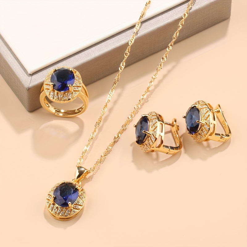 elegant 4 piece jewelry set 18k golden plated copper with synthetic zirconia stones french style necklace earrings and rings combo for daily wedding occasions christmas holiday theme   elegant accessory collection details 1