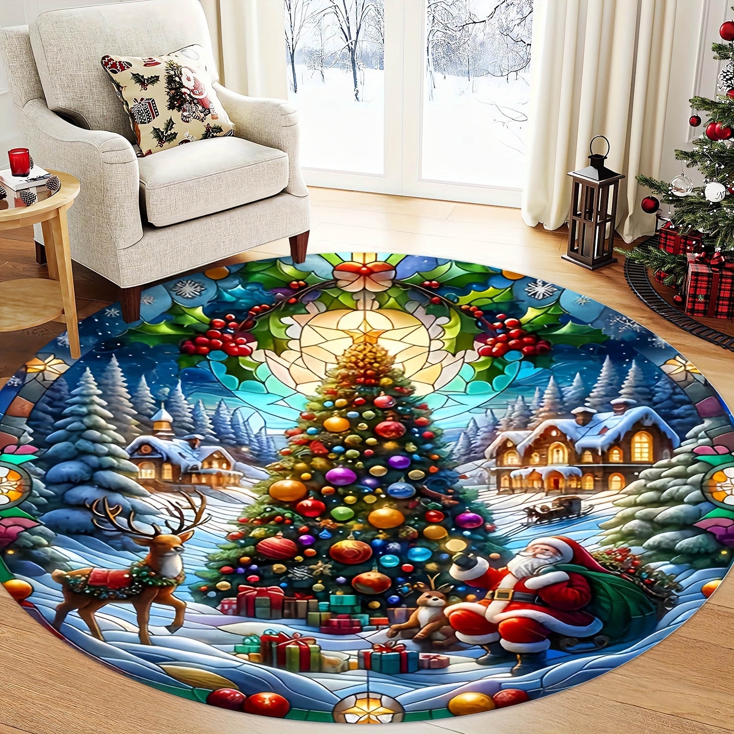 TEMU 1pc Festive Christmas Round Mat With Santa, Reindeer & - Washable Polyester Mat For Entryway, Living Room, Coffee Table, Bedroom, Outdoor Patio,