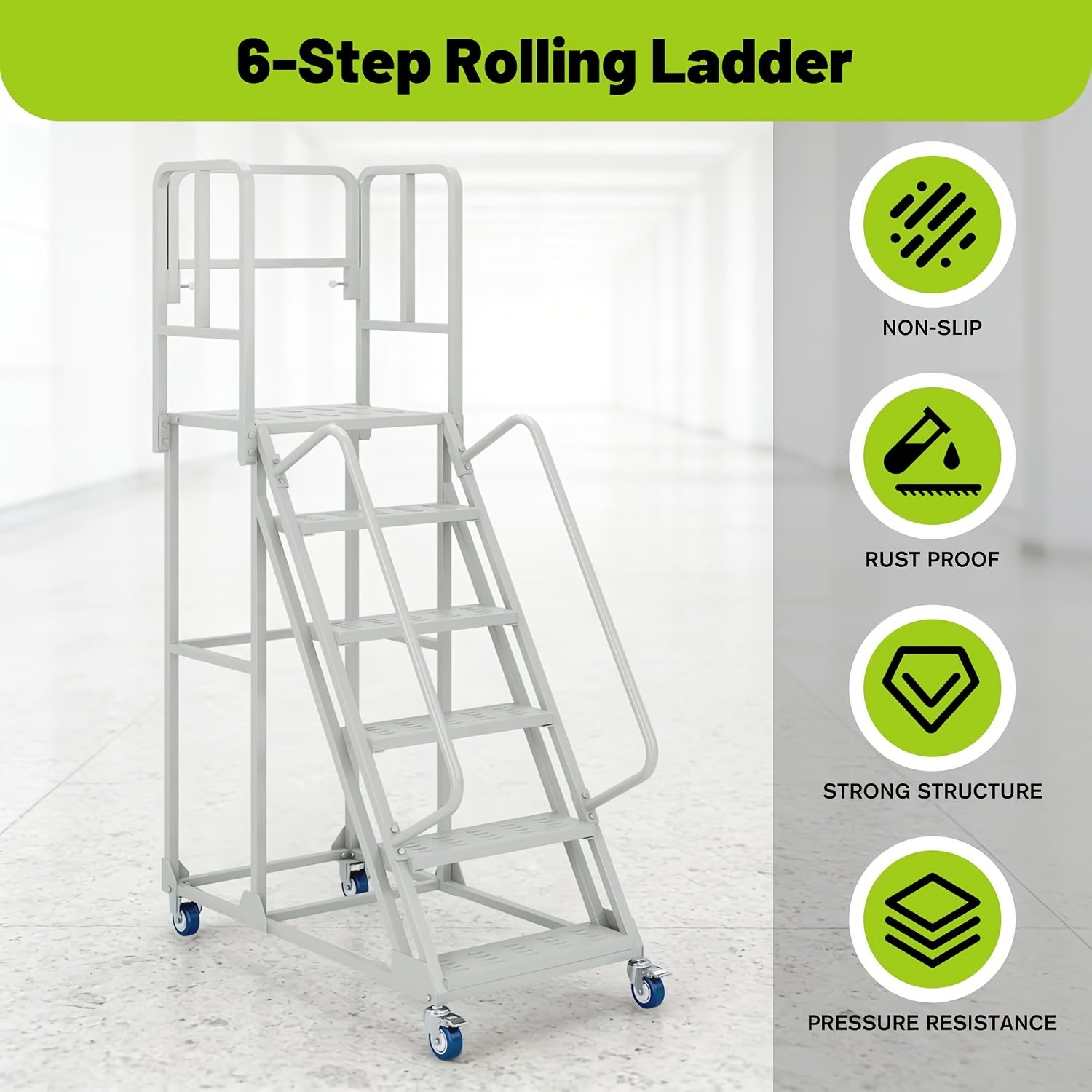 a 6 step rolling ladder measuring 24 inches wide and 90 inches high featuring dual handrails and lockable wheels   of supporting up to 1200   this heavy duty mobile   is ideal for use in   supermarkets Product details 2