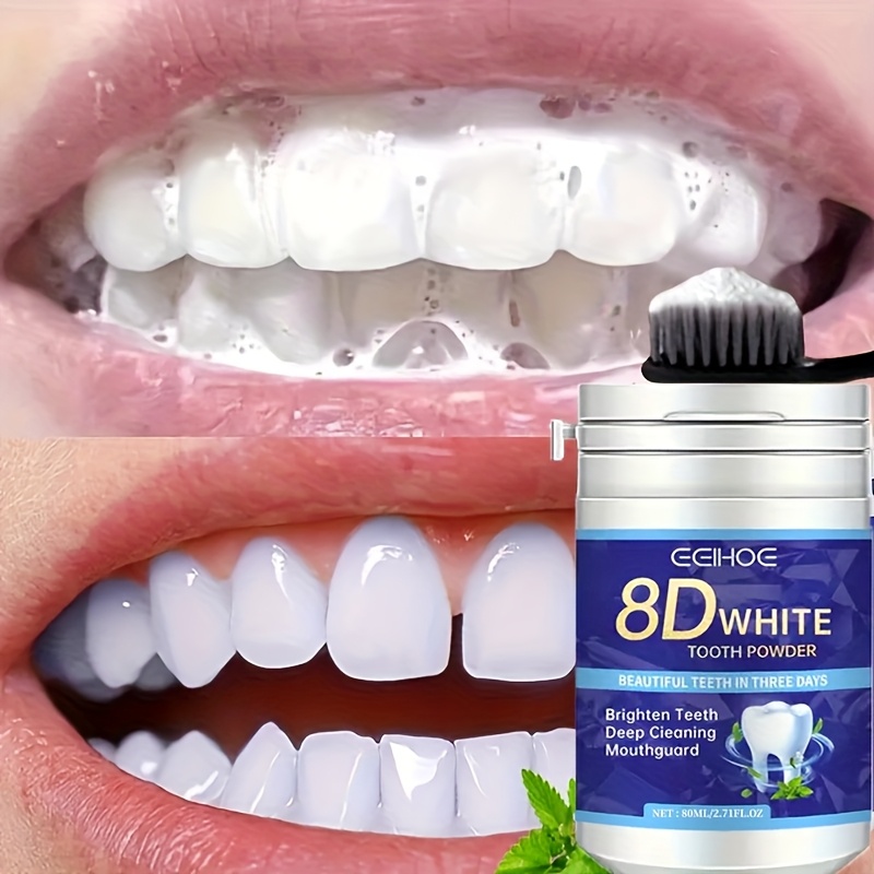 Poudre de nettoyage des dents de 2.71oz contenant des ingrédients de menthe poivrée, peut rafraîchir la respiration, nettoyer en profondeur les gencives et la bouche, adaptée aux voyages en famille, aux voyages d'affaires, aux accessoires de voyage mini, adaptée aux cadeaux d'Halloween et de Noël.