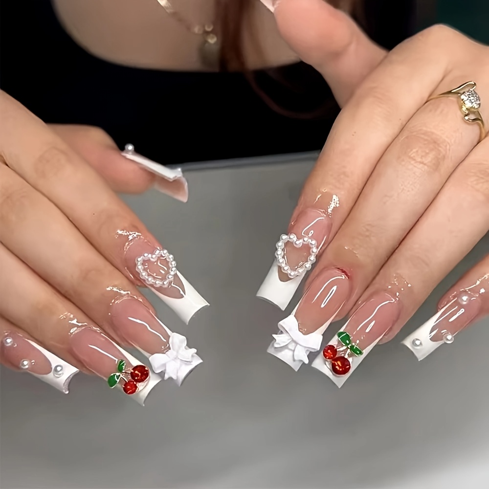 TEMU 24pcs Handmade Press-on Nails Suitable For & - Long Coffin Shape Fake Nails With 3d Cherry Bow, Hearts & Rhinestone Tips, White Edge Glossy For