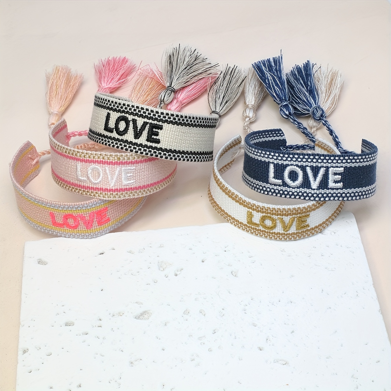 Image of A Set Of 5 Vintage Embroidered Love Handmade Woven Boho Bracelets, Perfect As Holiday Gifts For , Suitable For Men And Women For Parties, Travel, And Everyday Wear