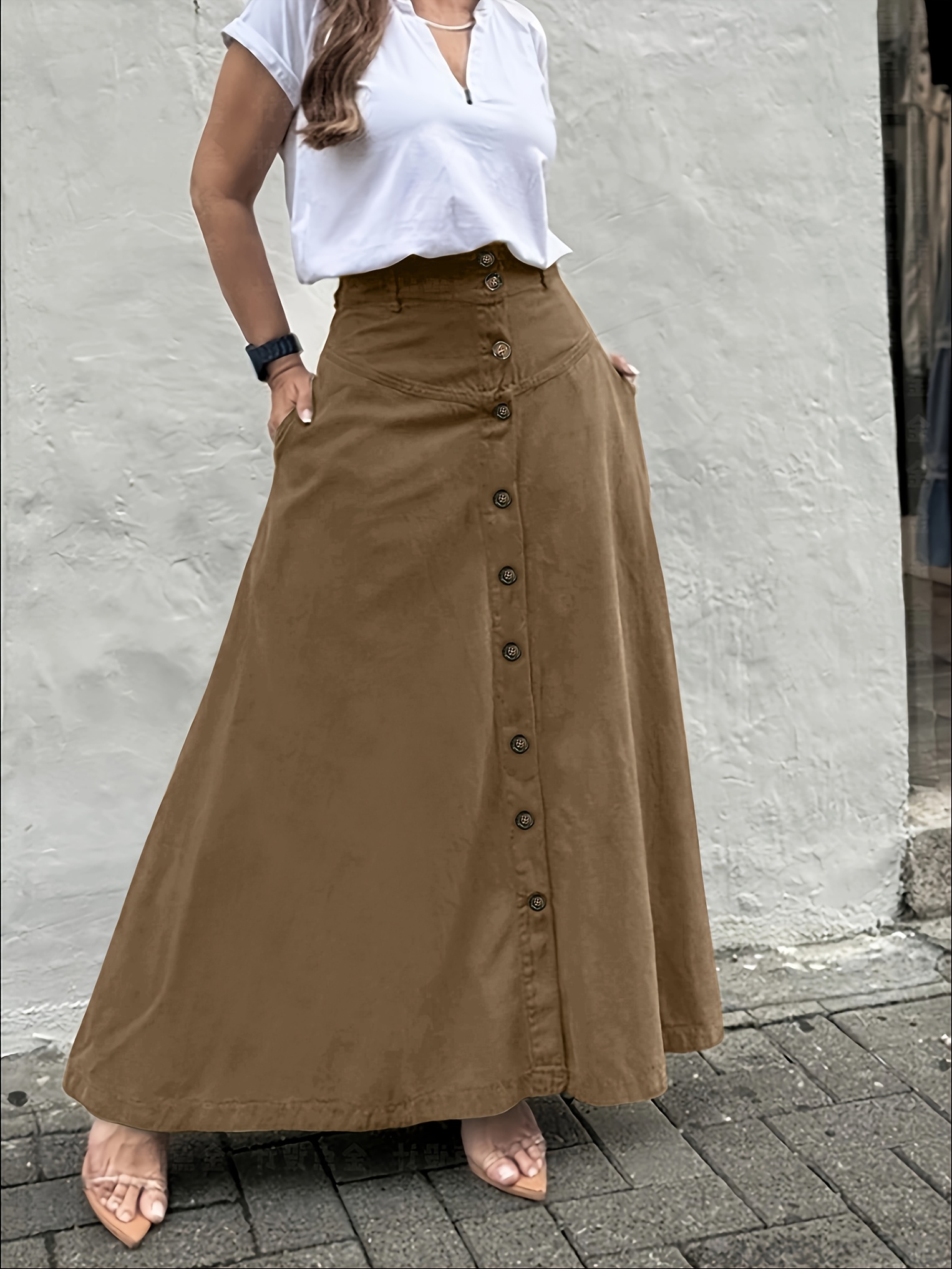 Women's Elegant Solid Color High Waist Mid-Long Skirt, Fashionable and Practical with Pockets and Button Front Slit A-line Skirt, Can be Worn in Spring, Summer, Autumn and Winter