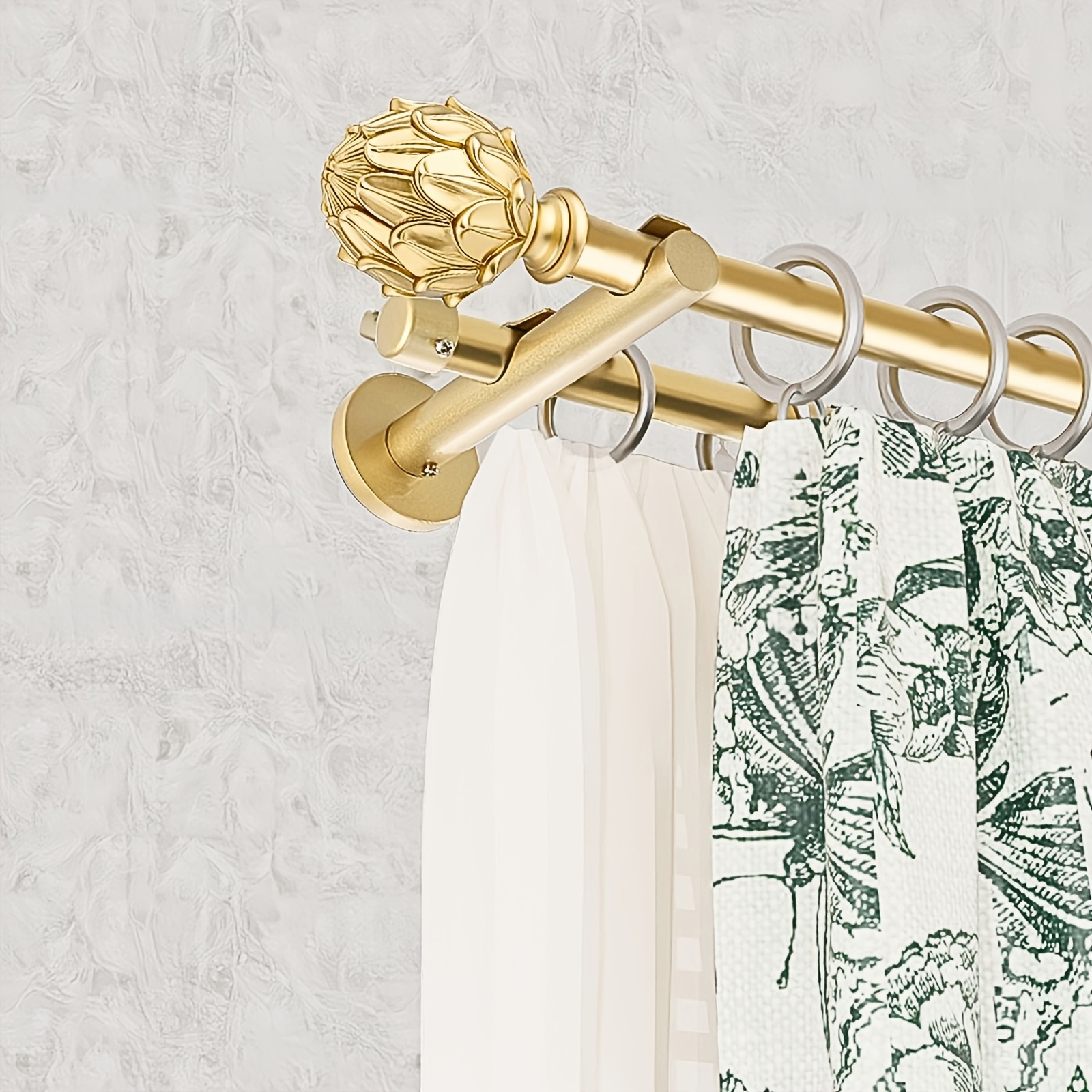 Ornate Double Curtain Rod, Wall Mounted, Adjustable Length, For Living Room And Bedroom - Golden