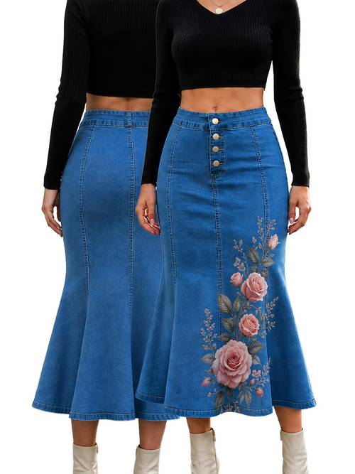 Women S Denim Midi Skirt Suits Quiet Leisure Wearing with Visual . It Outdoor State And Is Ideal for Quiet Park Walking, Lakeside Relaxing And in