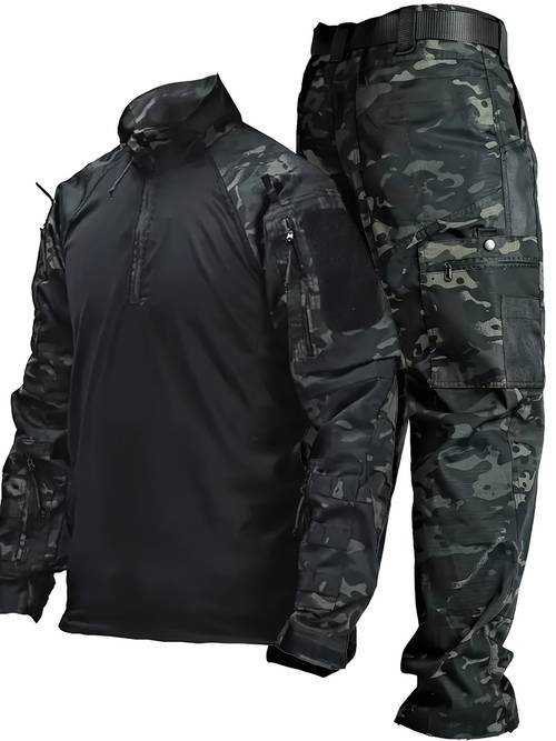 Men s Camouflage Suit Workwear Long Sleeve T-Shirt and Multi-Pocket Pants Suit Spring and Autumn Wear-Resistant Breathable Outdoor Suit