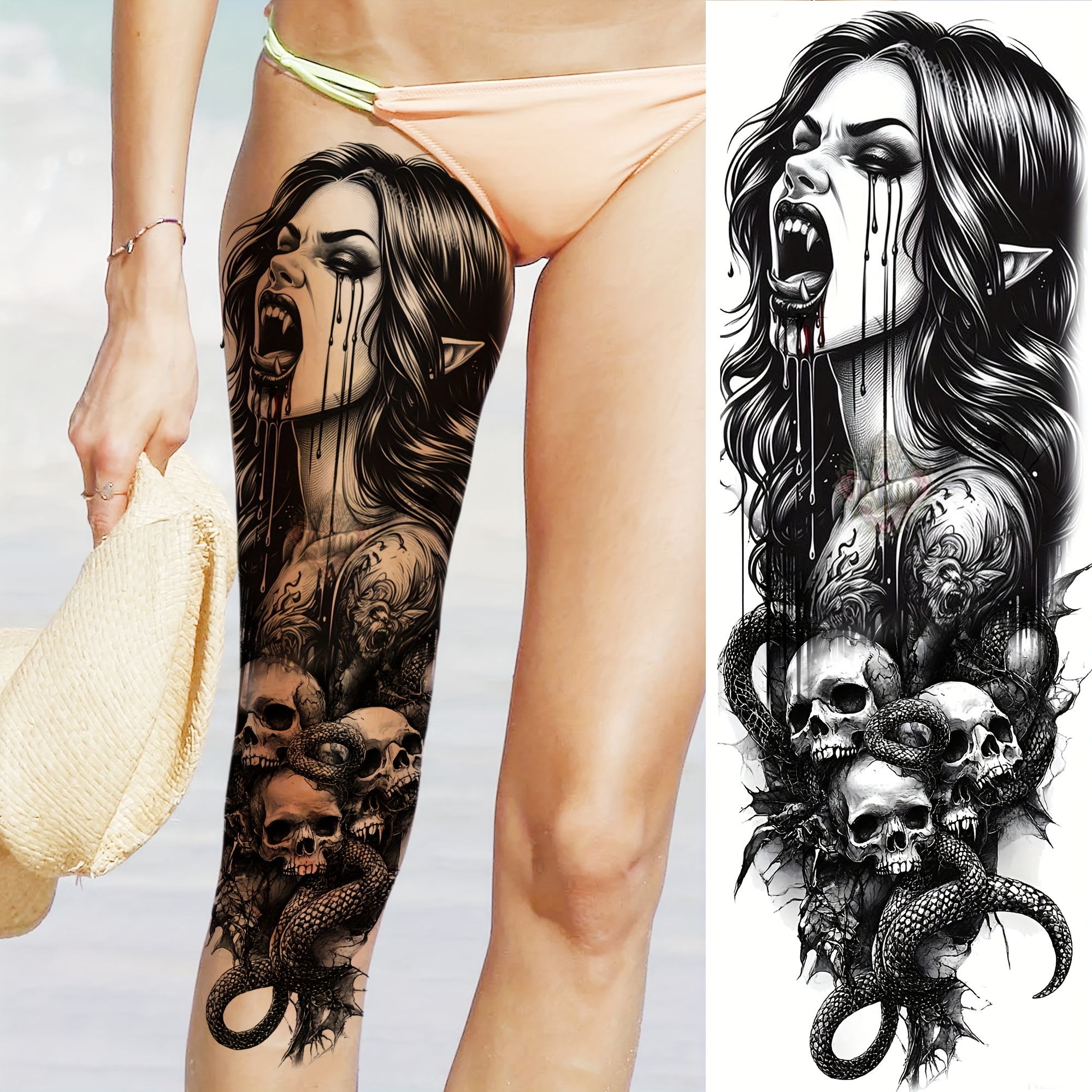 1pc full sleeve black gothic halloween tattoo skulls vampires devils zombies death theme waterproof durable temporary tattoo for adults ideal for   legs and feet halloween tattoo gothic design detailed tattoo art