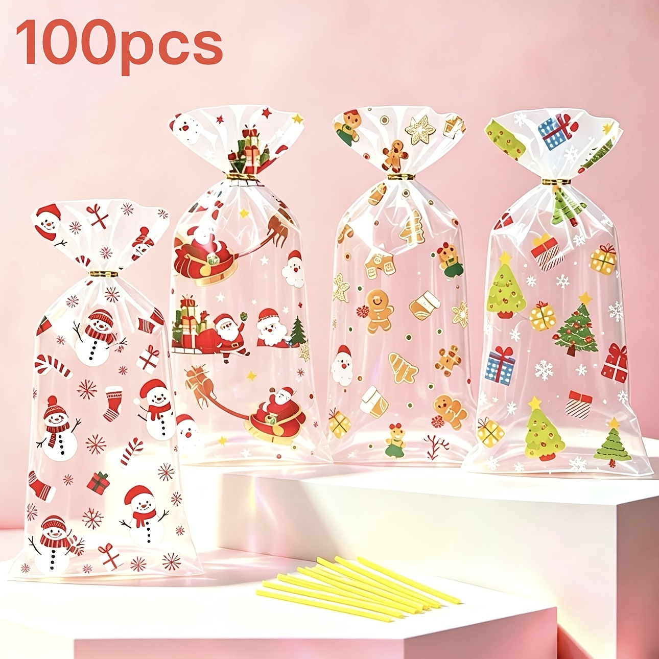 TEMU 100pcs Set Santa Reindeer Christmas Tree Deer Sleigh Star Snowman Gift Packaging Bags (includes 50pcs Bags And 50pcs Ties) Christmas Gift Box
