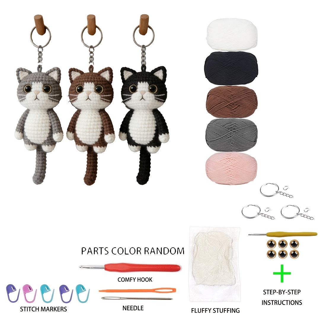 Image of 3pcs Cat Pattern Beginner Diy Crochet Kit - -one Diy Set To Make 3 Adorable Amigurumi Cats In Black/gray/brown, Simple Handmade Gift, Complete Easy Craft Kit (unfinished, Requires Weaving)