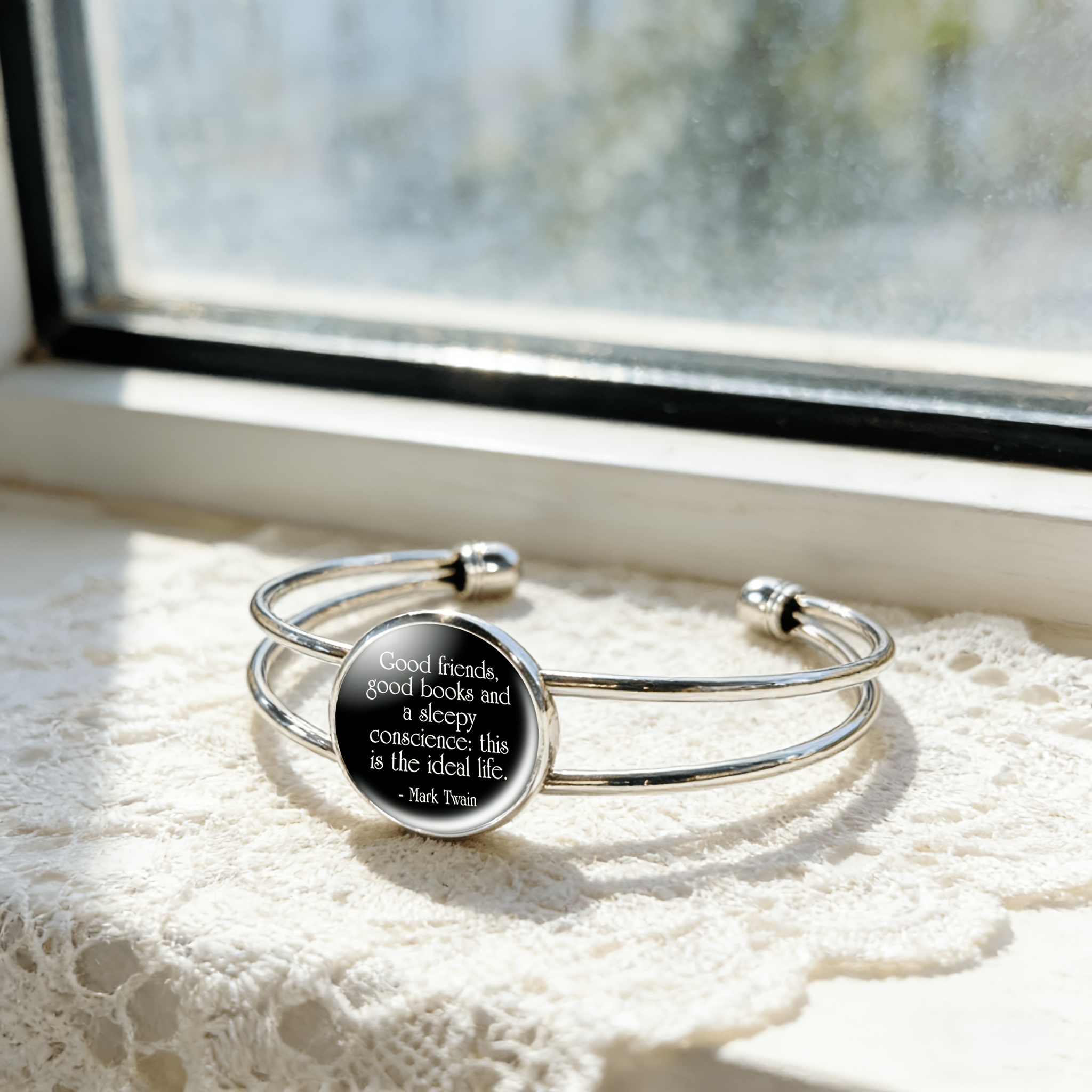 Adjustable Open-end Bangle Bracelet with Round Time Gemstone Inlay