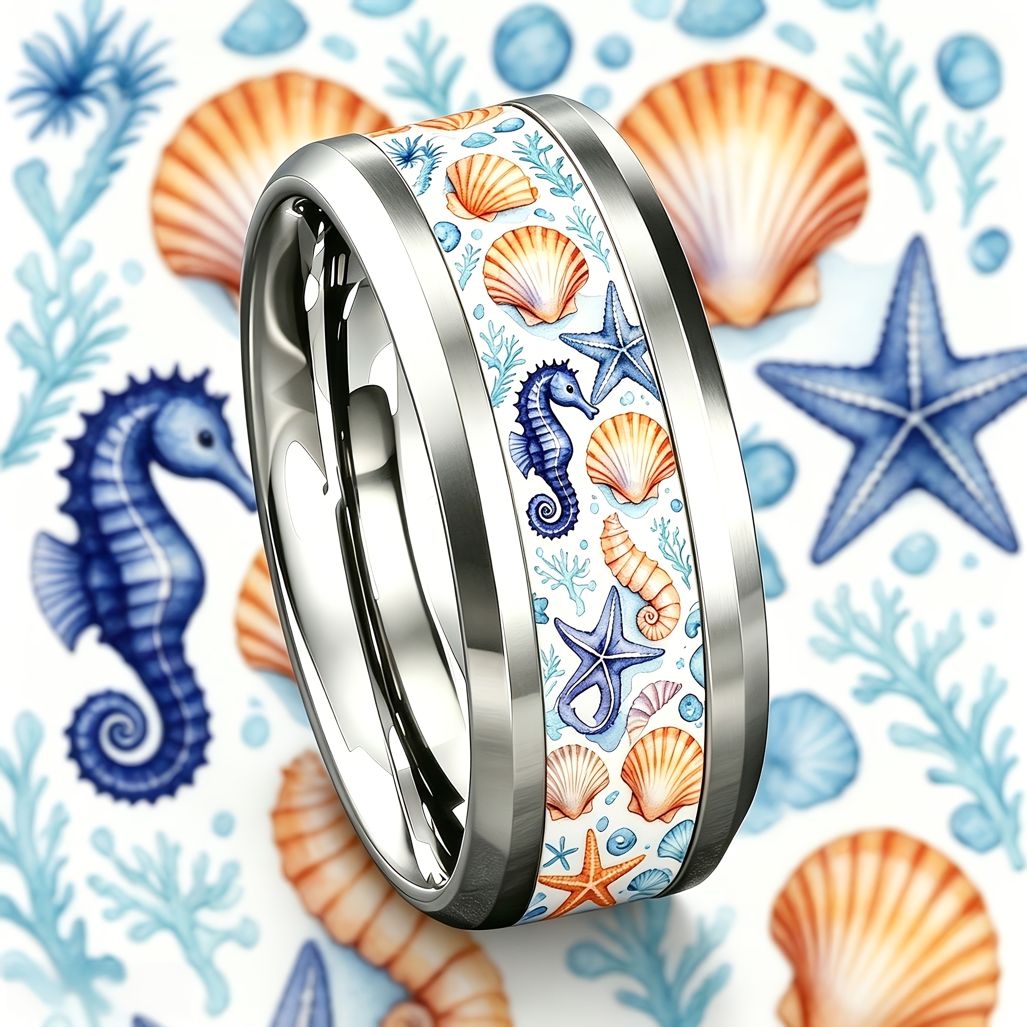 Ocean-Themed Seahorse & Seashell Stainless Steel Ring
