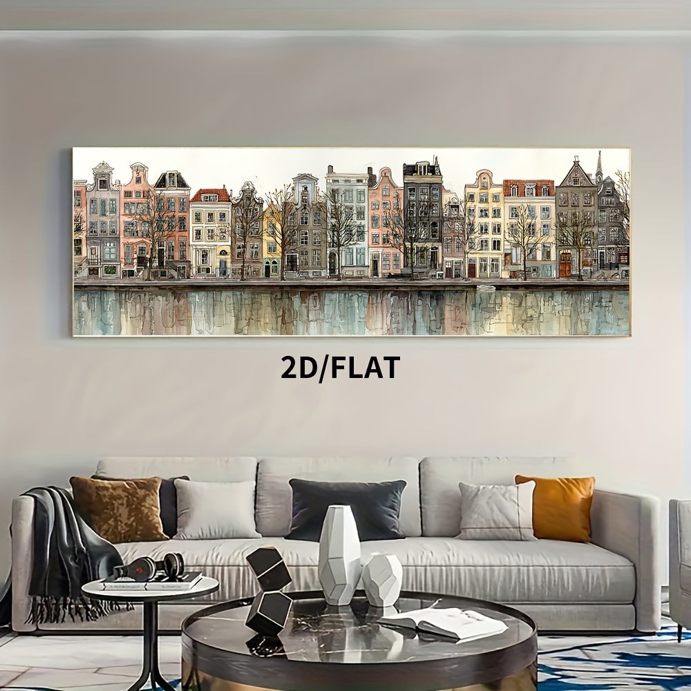 TEMU 2d Flat, 1pc Unframed 2d/flat Vintage Amsterdam Canal Buildings Canvas Wall Art Printed Poster, For Bedroom Living Room Kitchen Decor, Wall