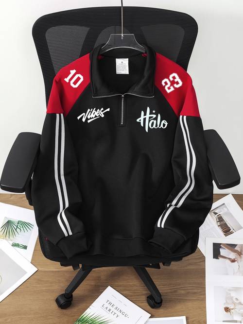 outdoor travel all match sweatshirt dual english letter number label side stripes mens half open casual mens clothing