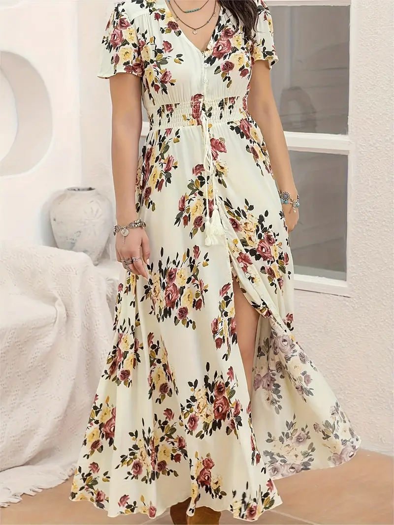 bohemian floral print maxi dress for women elegant v neck short sleeve a line silhouette lightweight viscose spring summer casual wear floral maxi dress Product details 0