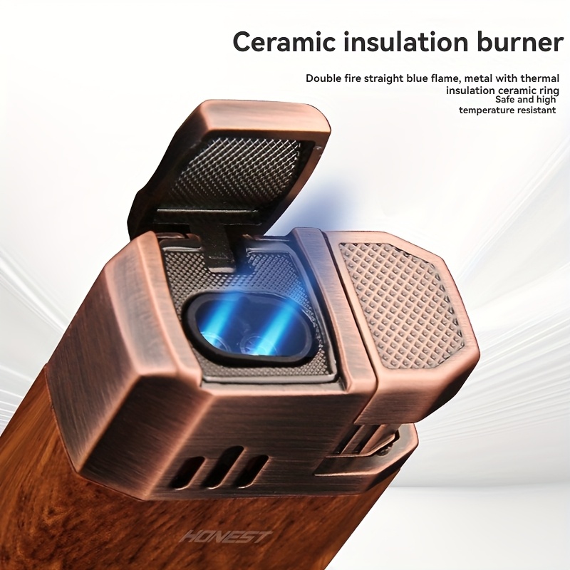 (Fuel Not Included) Cigar Lighter, Torch Lighter With V-shaped Cigar Cutter, Built-in Cigar Clip, Visible Air Window, Cigar Torch Lighter, Cool Lighter Suitable For Candles, Dual Windproof Jet Flame, Integrated Torch Cigar Lighter With Double Flame