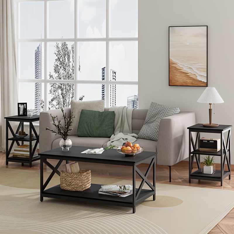 3pcs Living Room Table Set With Large Storage For Apartment Home, Industrial X-design Coffee Table And 2 End Side Tables, Living Room Coffee Table Set Of 3, Black