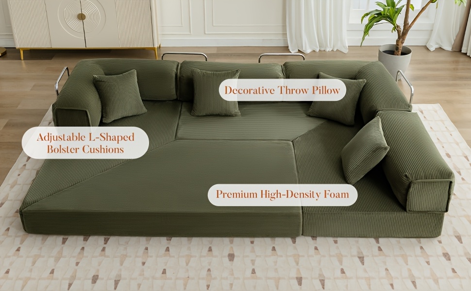 KERDOM Chenille Oversized Sleeper Sofa Couch, 170 Inches Extra Long Convertible 3-4 Person Pull-Out Sofa Bed, Sectional Convertible Corner Sofa, Combination Spliced Block Sofa Side Table